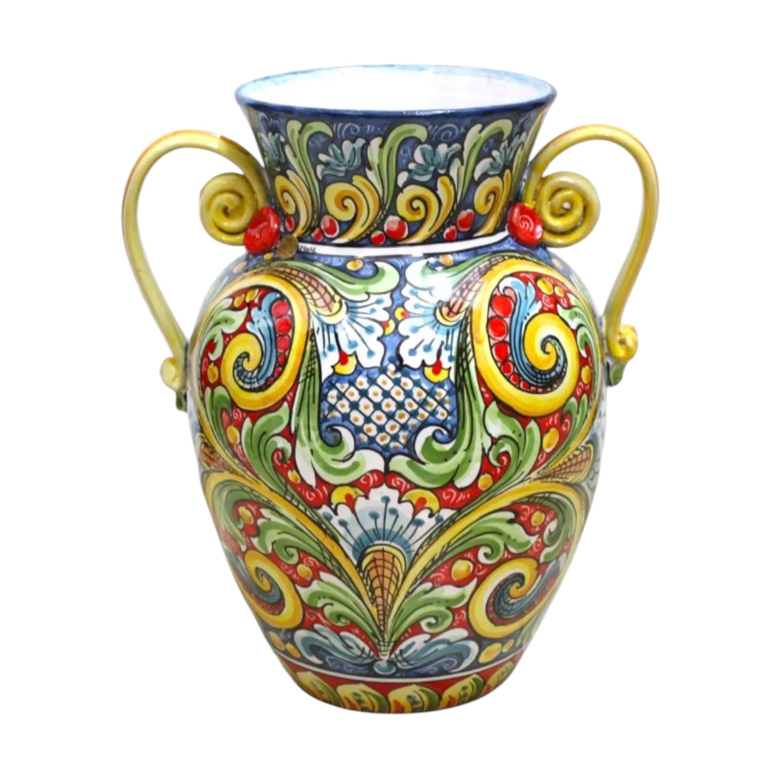 Quartara vase in Caltagirone ceramic with handles - h 40 cm approx. Baroque and multicolored floral decoration