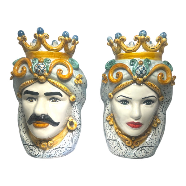 Couple of Teste di Moro With Crown 37cm Caltagirone Ceramic