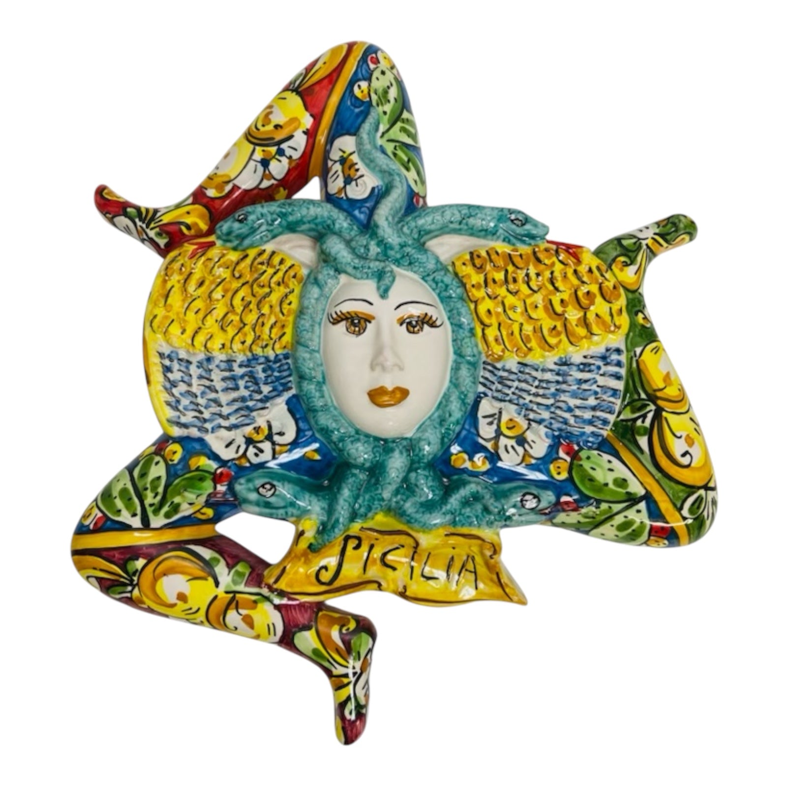 Trinacria in Caltagirone ceramic, h approx. 40 cm. Blue, green and burgundy, lemon, flower and prickly pear decoration