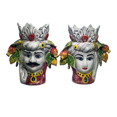 Couple Of Teste Di Moro From Caltagirone With Crown & Fruits height 15cm