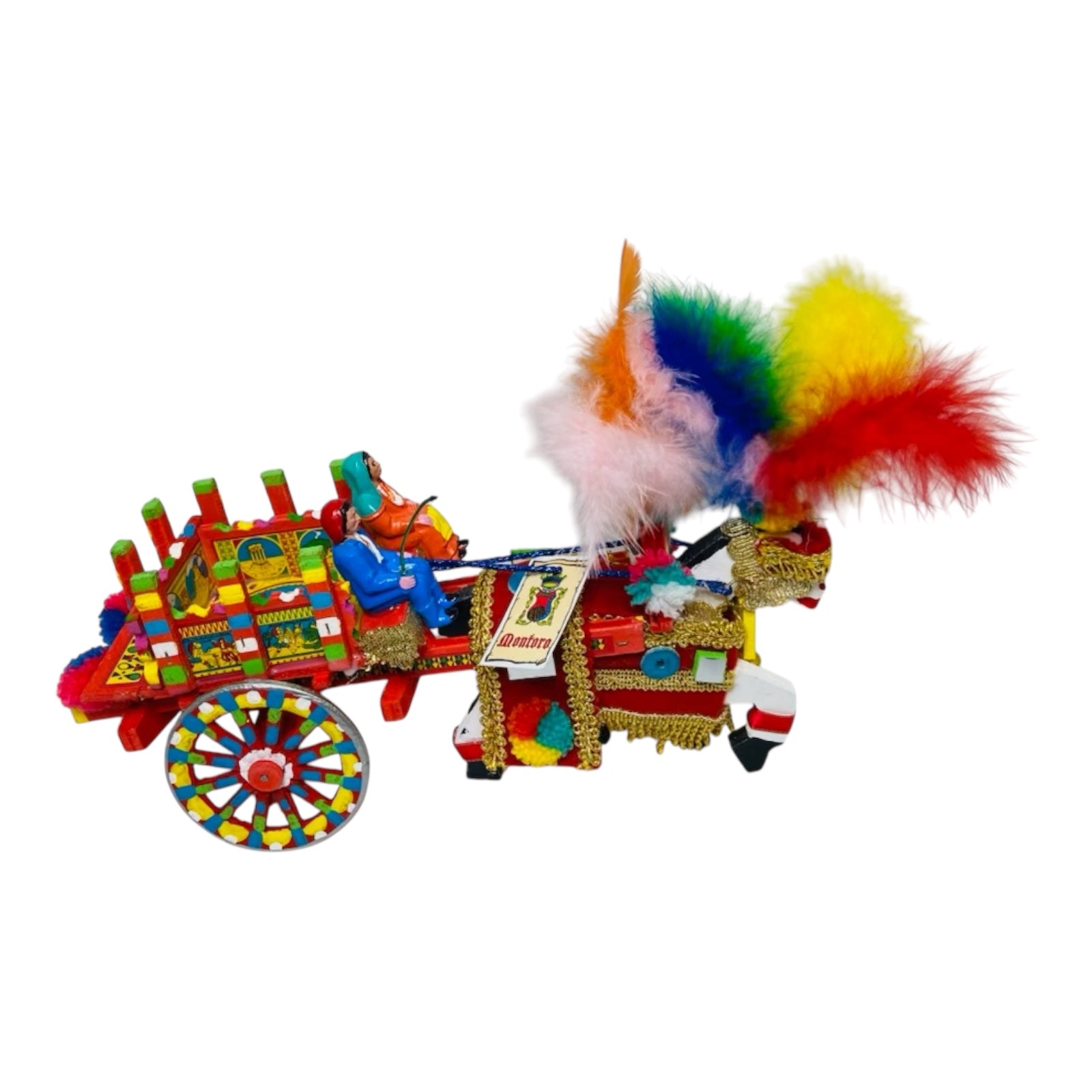 Artisan Sicilian Cart With Horse, Handmade and Hand Painted wood 27cm