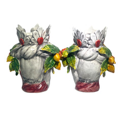 Couple Of Teste Di Moro From Caltagirone With Crown & Fruits height 15cm