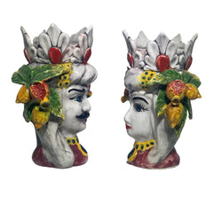 Couple Of Teste Di Moro From Caltagirone With Crown & Fruits height 15cm