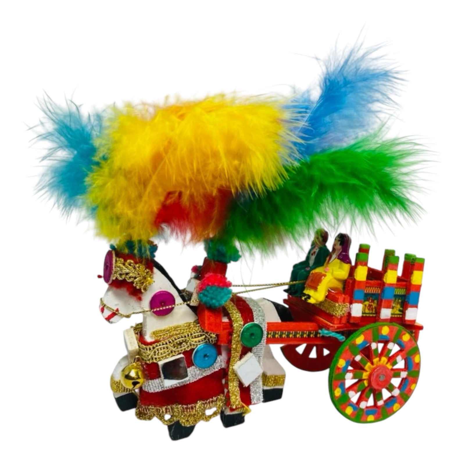 Artisan Sicilian Cart With Horse, Handmade and Hand Painted wood 16cm