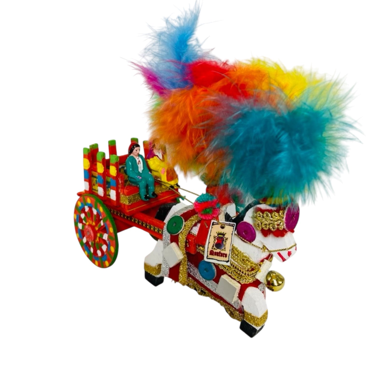 Artisan Sicilian Cart With Horse, Handmade and Hand Painted wood 16cm