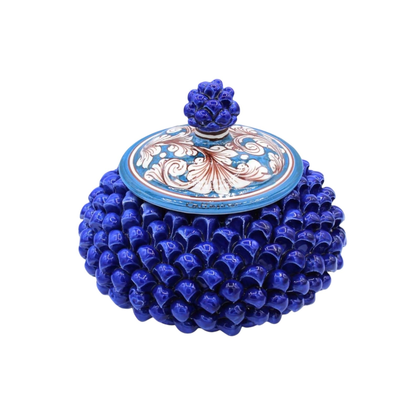 Sicilian pine cone biscuit jar or jewelery box, Caltagirone ceramic Ø 20cm