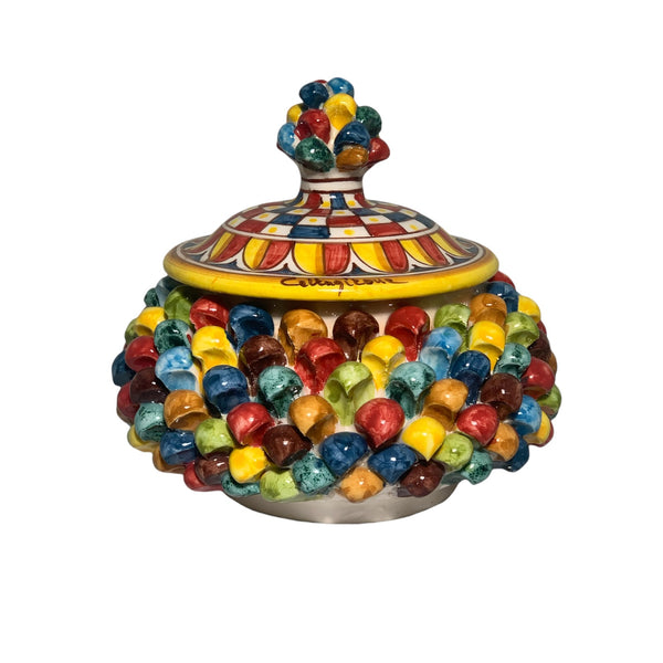 Sicilian pine cone biscuit jar or jewelery box, Caltagirone ceramic Ø 20cm