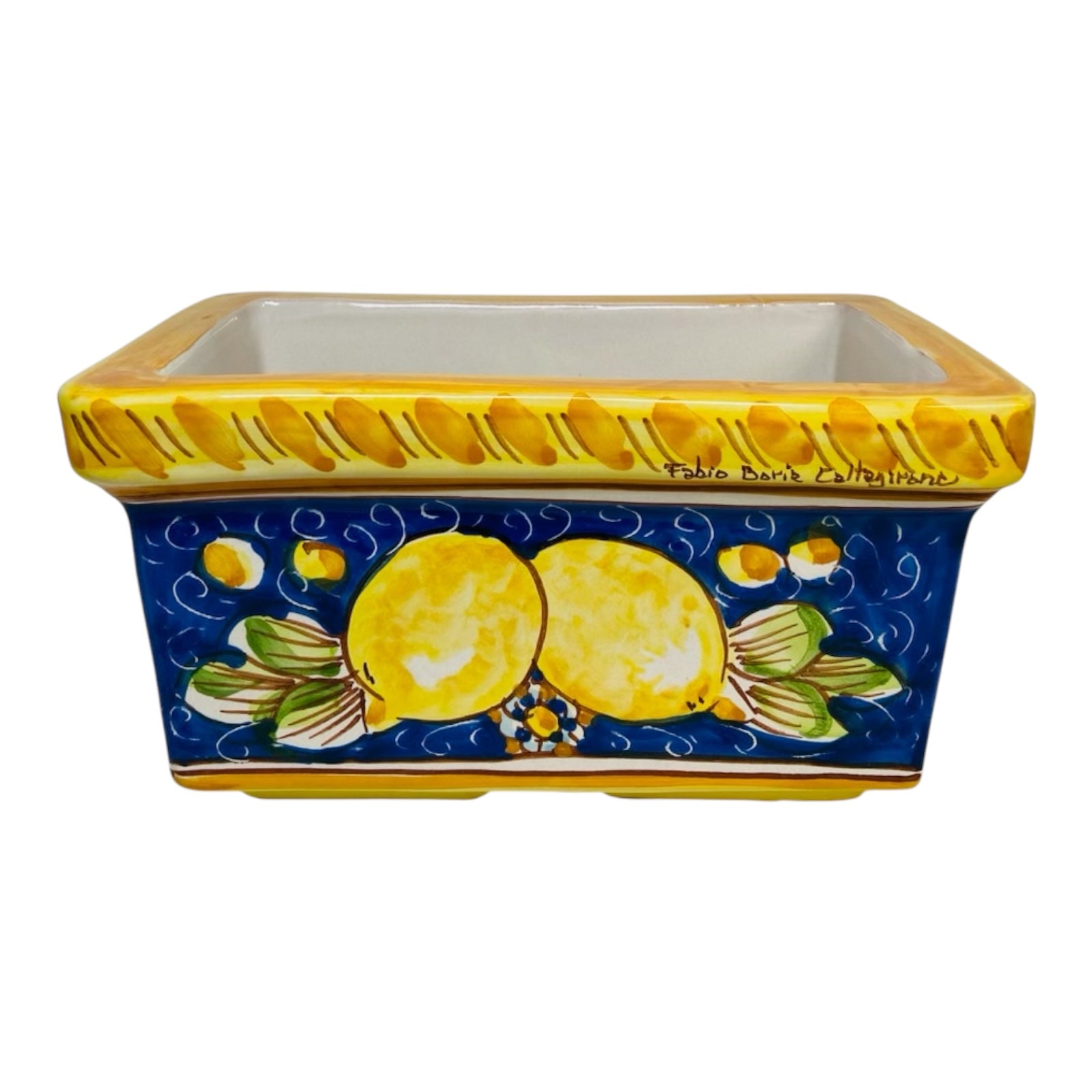 Rectangular Vase Box in Caltagirone Ceramic, Lemon Decoration on a Blue Background 22x9x11cm