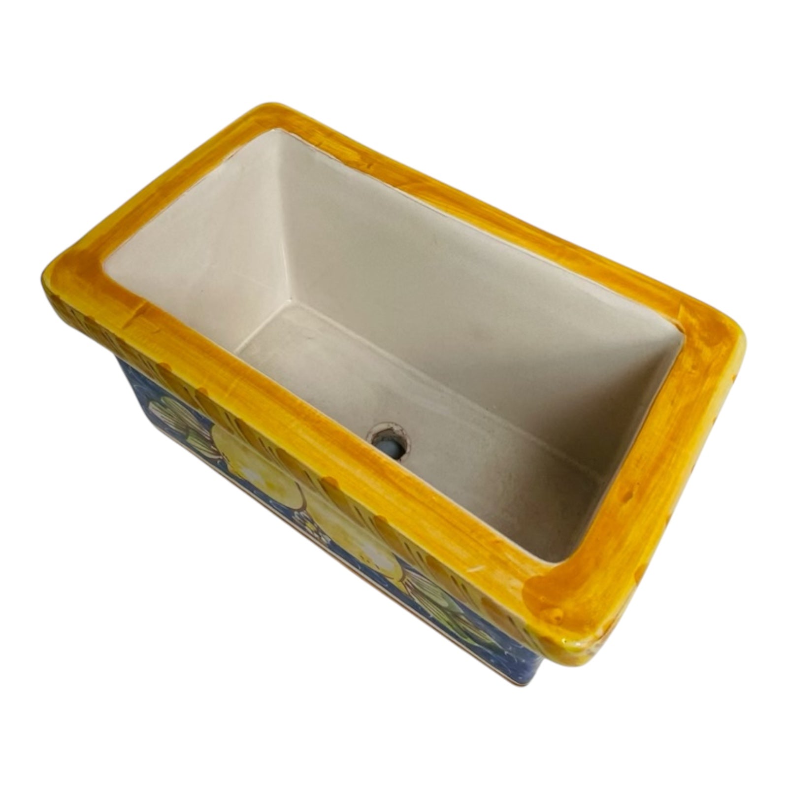 Rectangular Vase Box in Caltagirone Ceramic, Lemon Decoration on a Blue Background 22x9x11cm