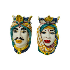 Sicilian Moor heads Crown and Turban (couple) h 13 / 14 cm approx. Caltagirone Ceramic