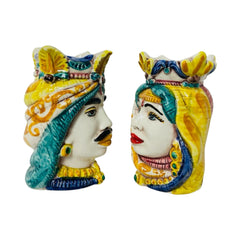 Sicilian Moor heads Crown and Turban (couple) h 13 / 14 cm approx. Caltagirone Ceramic