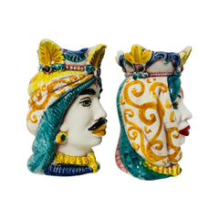 Sicilian Moor heads Crown and Turban (couple) h 13 / 14 cm approx. Caltagirone Ceramic