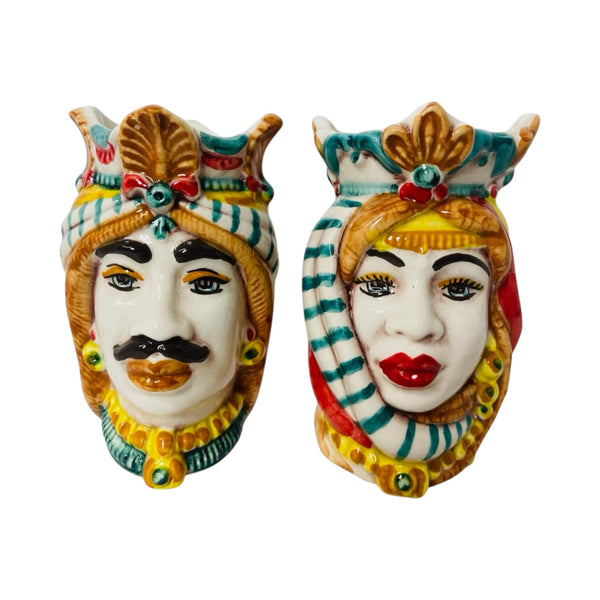 Sicilian Moor heads Crown and Turban (couple) h 13 / 14 cm approx. Caltagirone Ceramic