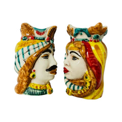 Sicilian Moor heads Crown and Turban (couple) h 13 / 14 cm approx. Caltagirone Ceramic