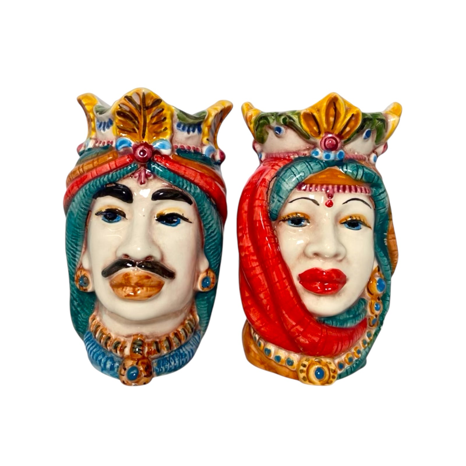 Sicilian Moor heads Crown and Turban (couple) h 13 / 14 cm approx. Caltagirone ceramic