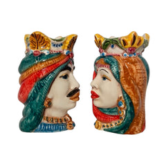 Sicilian Moor heads Crown and Turban (couple) h 13 / 14 cm approx. Caltagirone ceramic