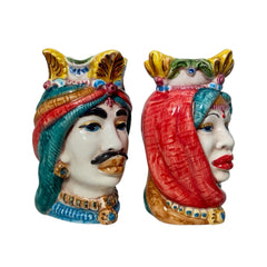 Sicilian Moor heads Crown and Turban (couple) h 13 / 14 cm approx. Caltagirone ceramic