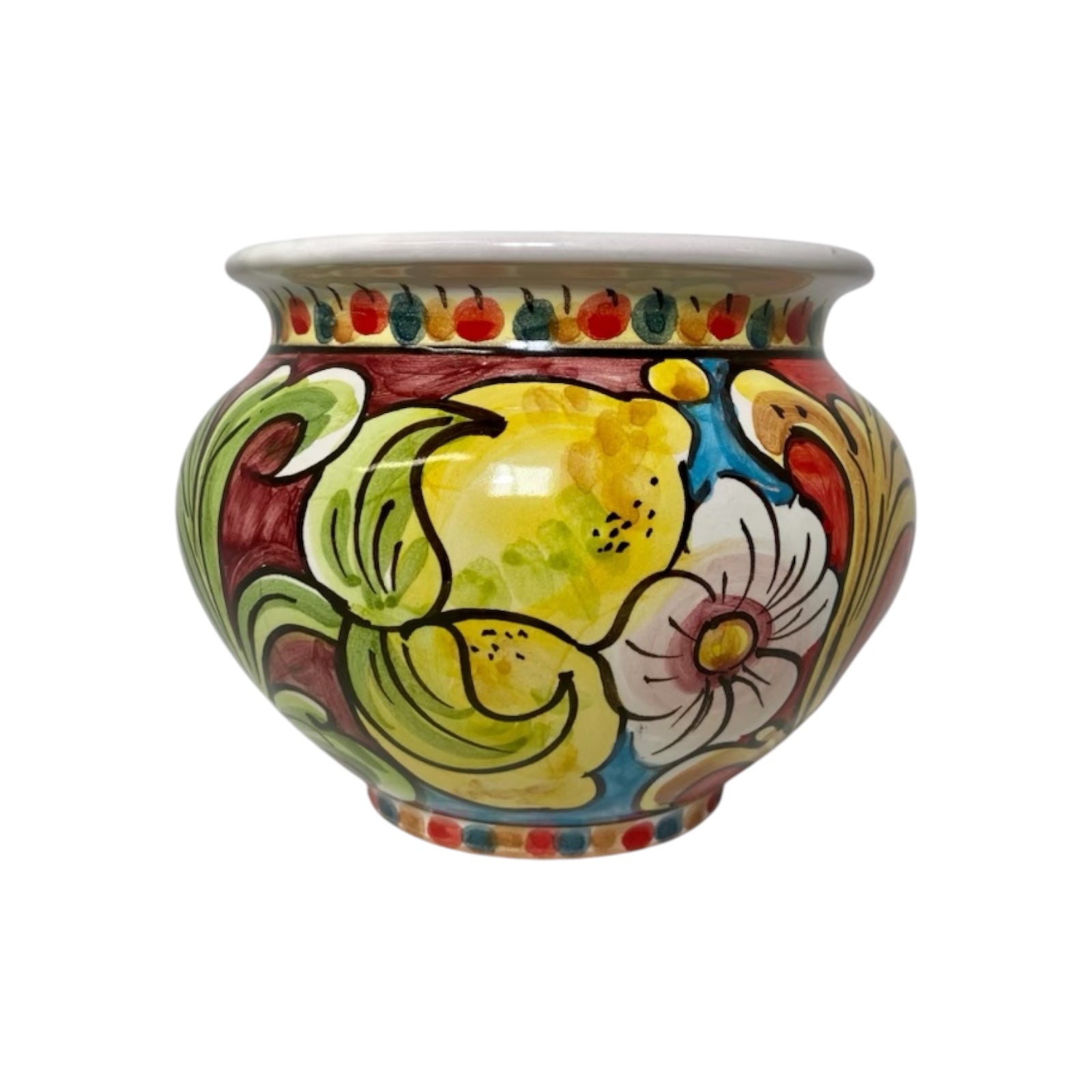 Cachepot, ceramic plant vase with Lemons, flowers and Baroque decoration 13x12cm