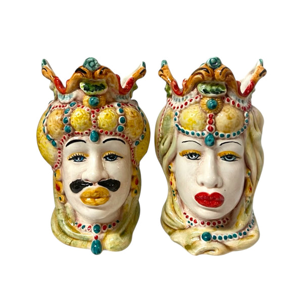 Couple of Moorish heads in Caltagirone ceramic with crown and turban, h 18 cm approx