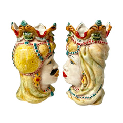 Couple of Moorish heads in Caltagirone ceramic with crown and turban, h 18 cm approx