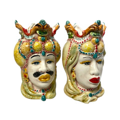 Couple of Moorish heads in Caltagirone ceramic with crown and turban, h 18 cm approx