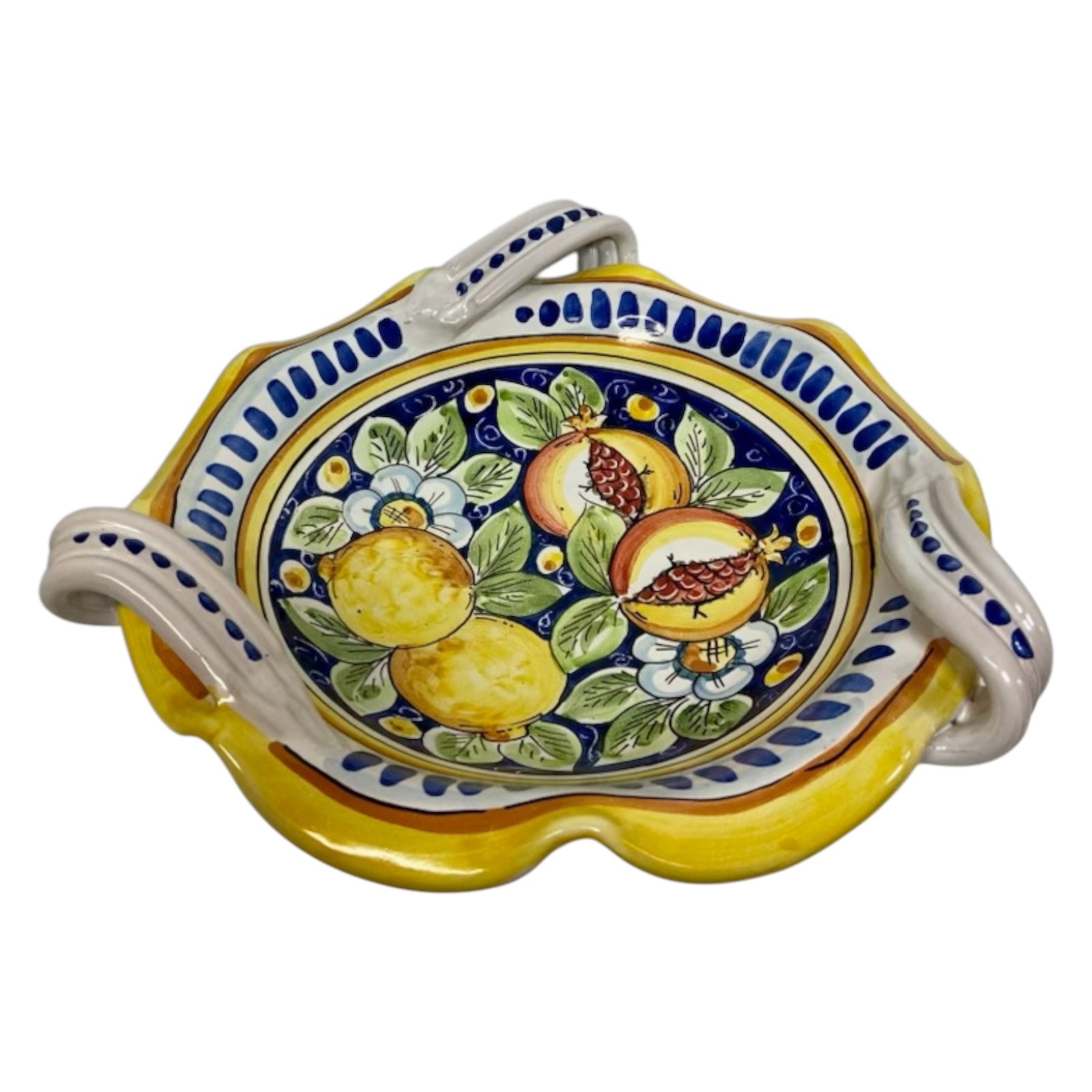 Caltagirone ceramic scalloped centerpiece - Ø approx. 30 cm with handles, lemon, pomegranate and flower decoration