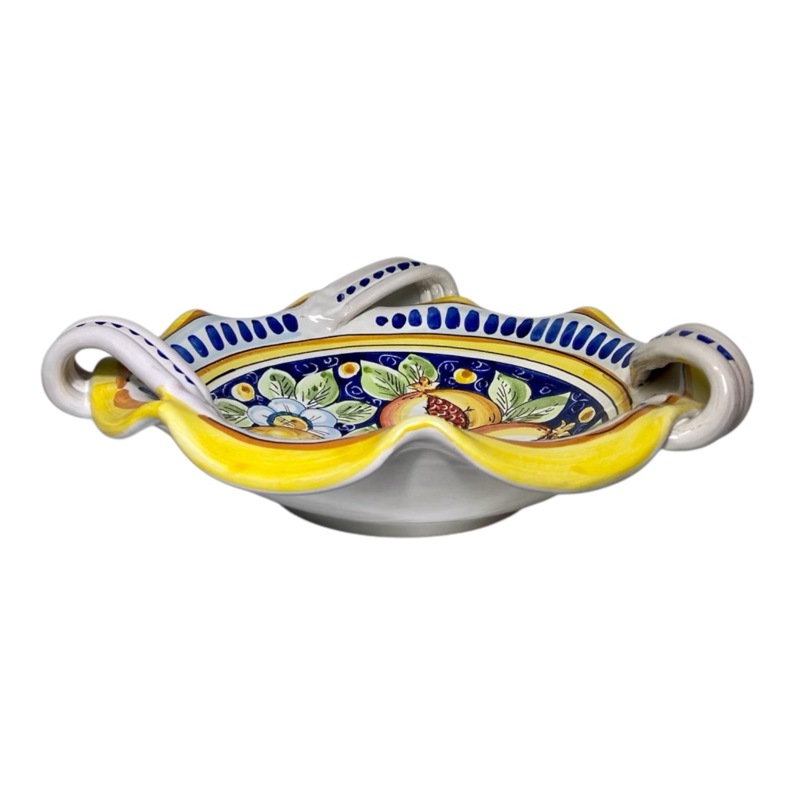 Caltagirone ceramic scalloped centerpiece - Ø approx. 30 cm with handles, lemon, pomegranate and flower decoration