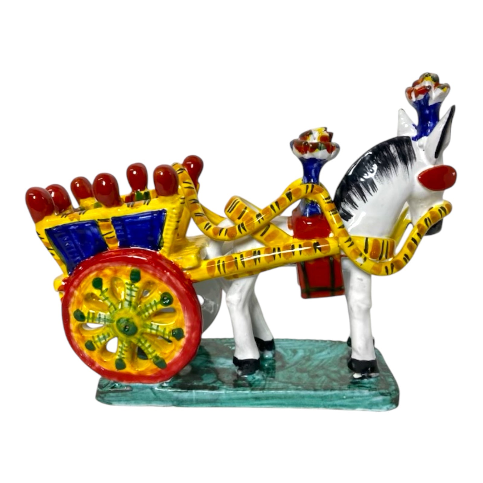 Sicilian Cart with Horse, on a Rectangular base, in fine Sicilian Ceramic 23cm