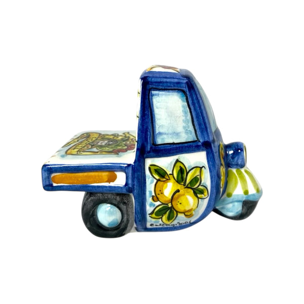 Moto Ape vehicle in Caltagirone ceramic, blue Color L 10 cm approx.