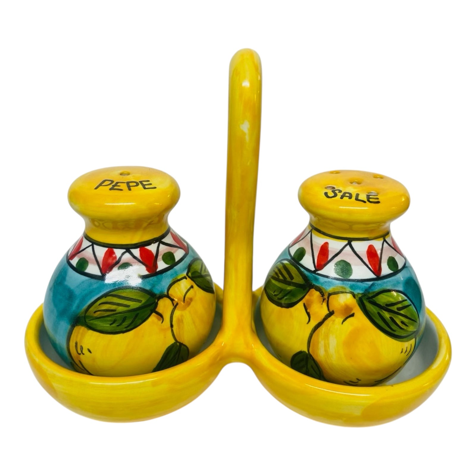 Sorrento Ceramic Salt And Pepper Shaker with StandYellow and  Aqua Green Hand made