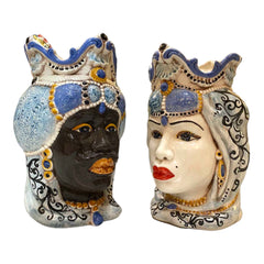 Teste Di Moro Emirs in Caltagirone ceramic, crown and turban, h 25 cm approx.