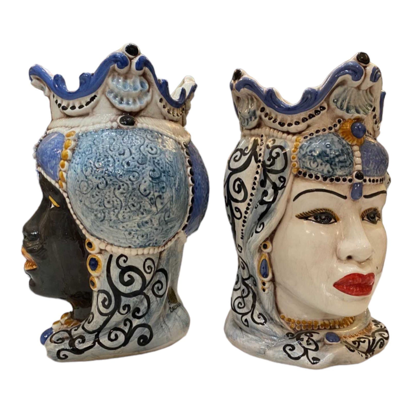 Teste Di Moro Emirs in Caltagirone ceramic, crown and turban, h 25 cm approx.