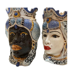 Teste Di Moro Emirs in Caltagirone ceramic, crown and turban, h 25 cm approx.