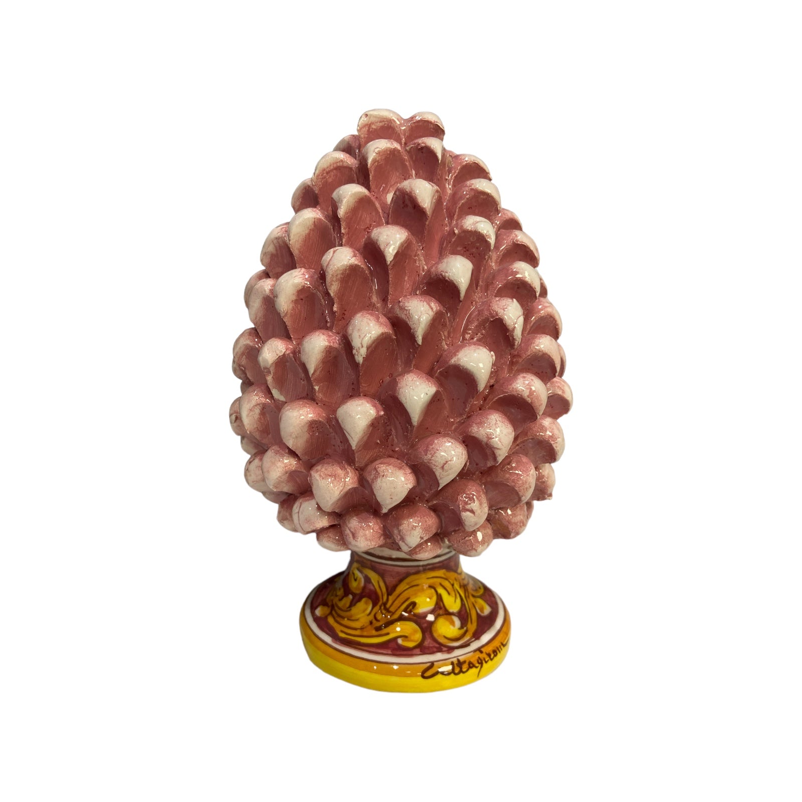 Sicilian Ceramic Pine Cone from Caltagirone, antique pink color with decorated stem, height 21cm