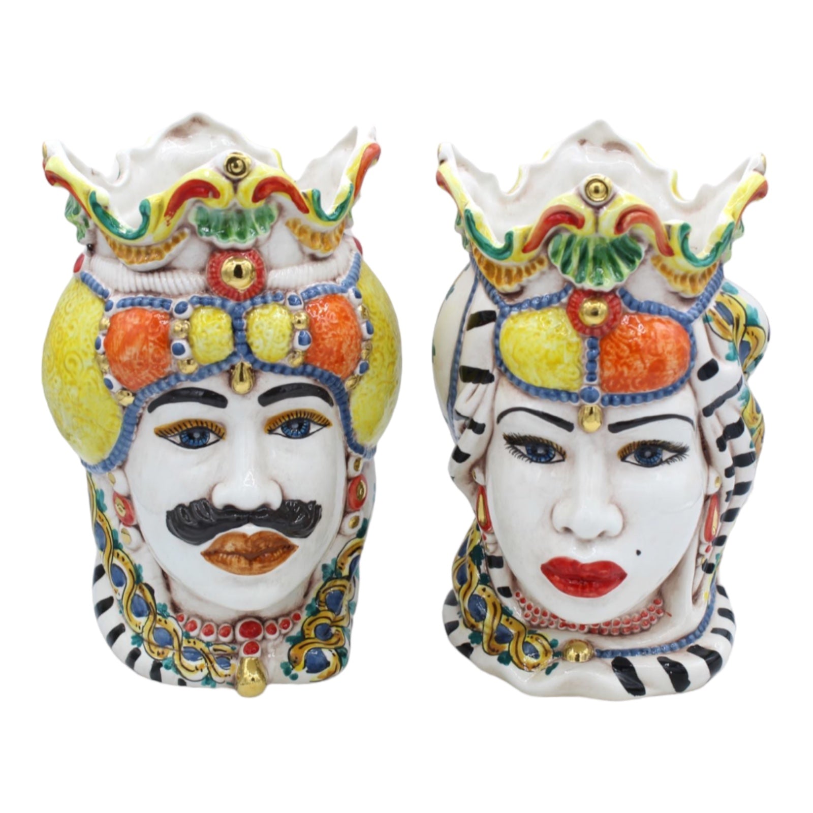 Couple of Caltagirone Ceramic Moor’ s Heads , approx. h 25 cm. With Crown, Turban and 24 Carat Pure Gold Details