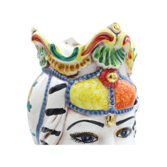 Couple of Caltagirone Ceramic Moor’ s Heads , approx. h 25 cm. With Crown, Turban and 24 Carat Pure Gold Details