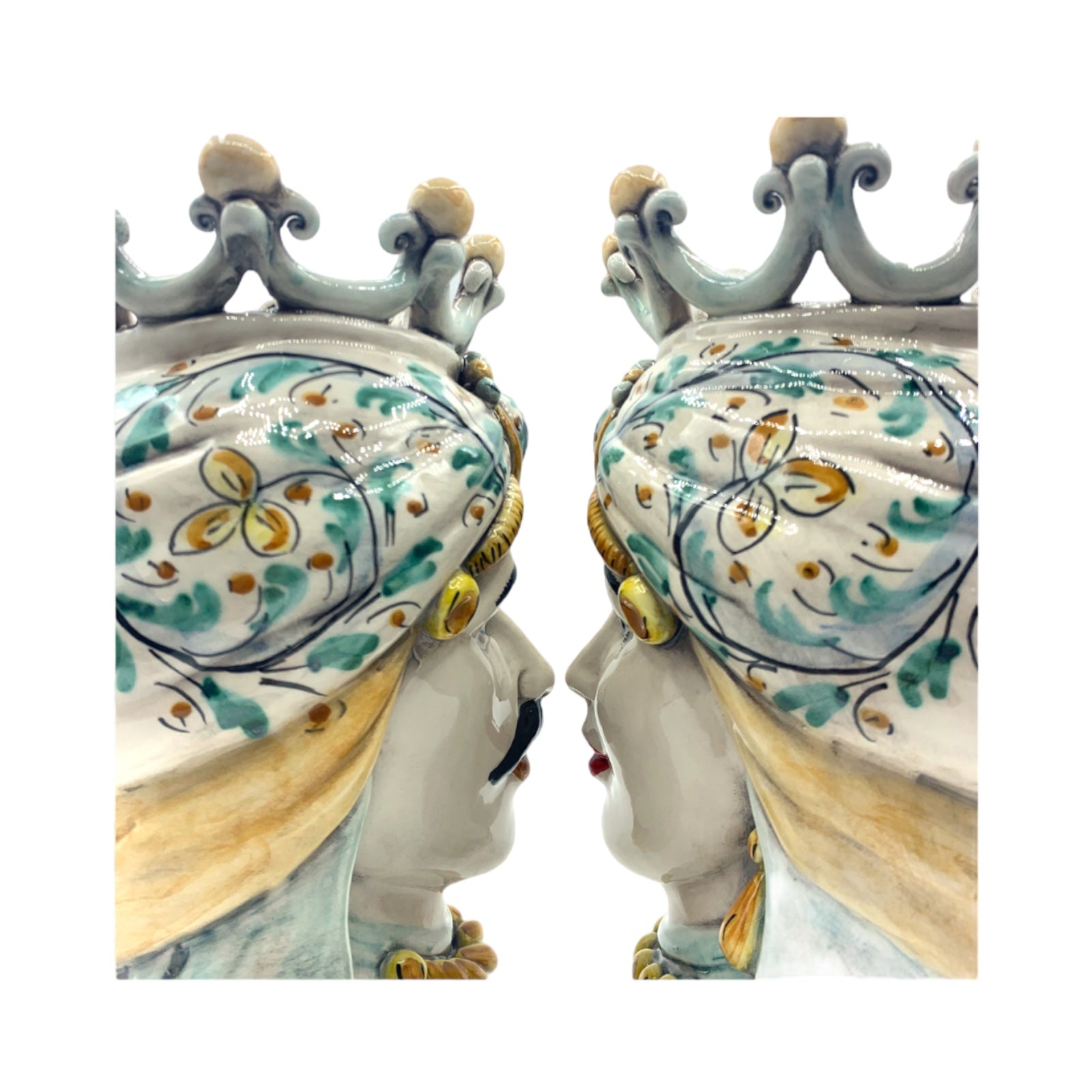 Couple Teste Di Moro From Caltagirone Moor’s Heads With Crown - Height 25 cm Classic Crown With Green Decoration