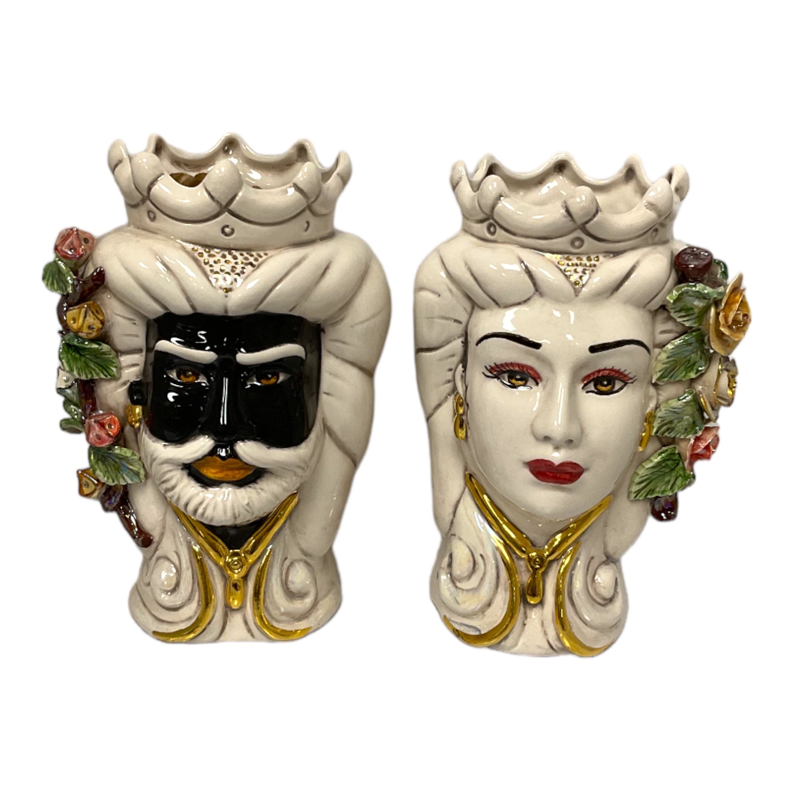 Couple of Caltagirone Moor Heads with Roses - h 25 cm approx. Pure gold and mother-of-pearl enamel