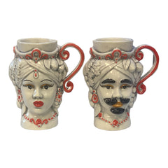 Couple of Moor's Heads Cups in Caltagirone ceramic, Off White & Fruit Decoration , h 15 x W 13 cm approx