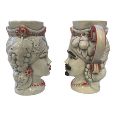 Couple of Moor's Heads Cups in Caltagirone ceramic, Off White & Fruit Decoration , h 15 x W 13 cm approx