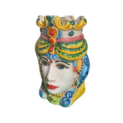 Couple of Teste Di Moro in Caltagirone ceramic, h approx. 18 cm. Crown and turban