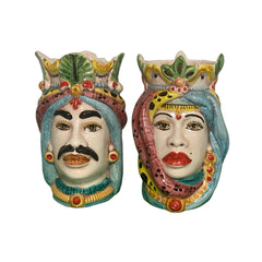 Couple of Teste Di Moro in Caltagirone ceramic, h approx. 18 cm. Crown and turban