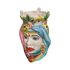 Couple of Teste Di Moro in Caltagirone ceramic, h approx. 18 cm. Crown and turban