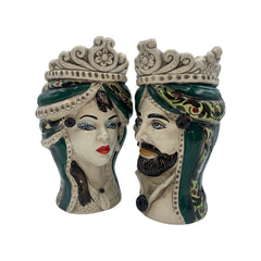 Couple Teste di Moro From Caltagirone ceramic Sicilian head model I Normanni height 20 cm Green color