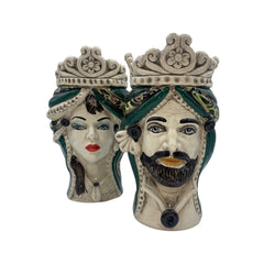 Couple Teste di Moro From Caltagirone ceramic Sicilian head model I Normanni height 20 cm Green color