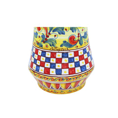 Albarello Vase in fine Caltagirone Ceramic, Sicilian Carretto and chess decoration, height 35cm