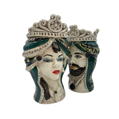 Couple Teste di Moro From Caltagirone ceramic Sicilian head model I Normanni height 20 cm Green color