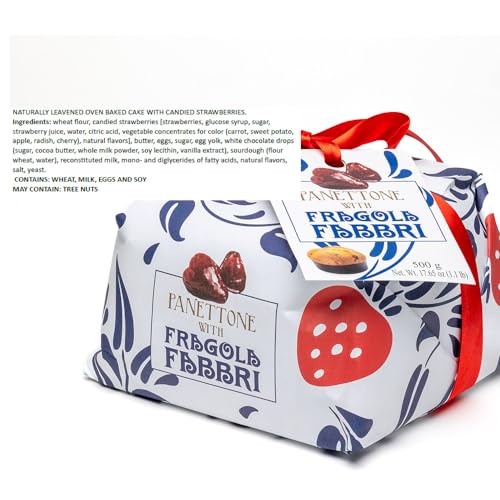 Fabbri Panettone with candied strawberries inside, Italian holiday Cake, Hand-Wrapped, Made in Italy, 1.1 pound